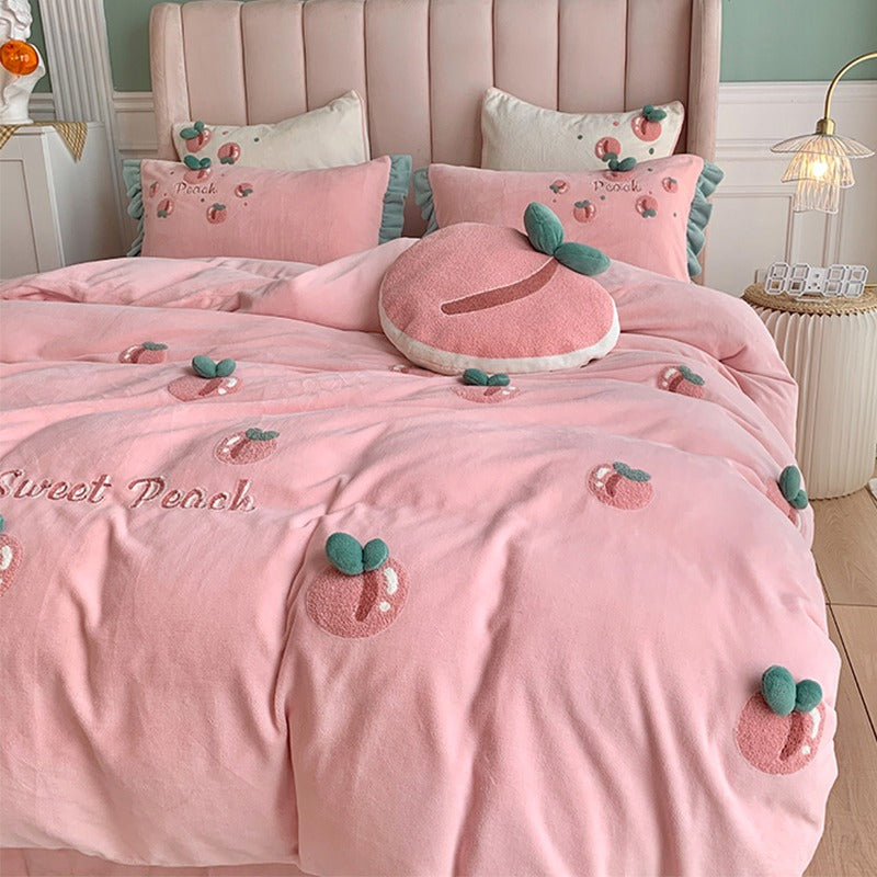 Peach Girl Velvet Four-Piece Double-Sided Coral Flannel Bed Set - Harmony Gallery