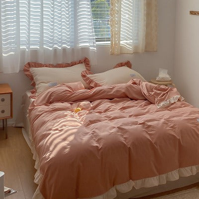 Cream Contrast Color Washed Cotton Four-Piece Bed Set - Harmony Gallery