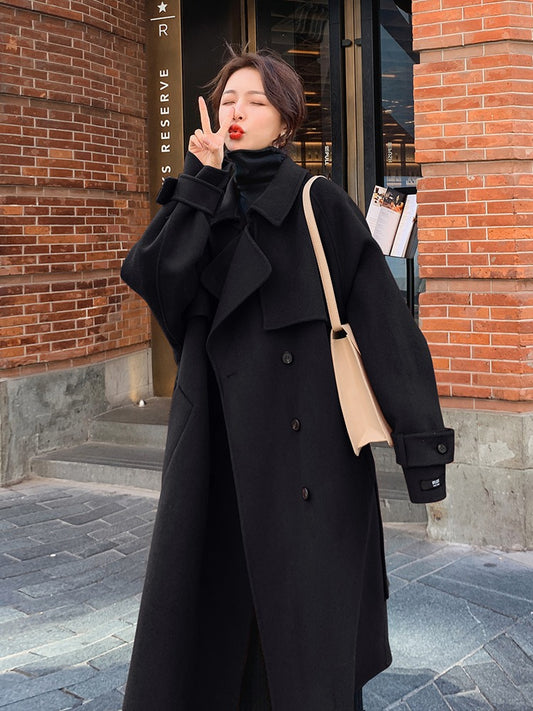 Mid-Length Black Thick Loose Woolen Women's Coat - Harmony Gallery