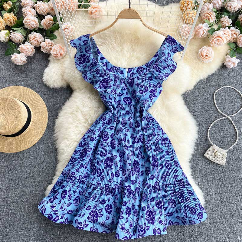 Holiday Summer Pleated V-Neck Slim Short Printed Women's Dress - Harmony Gallery