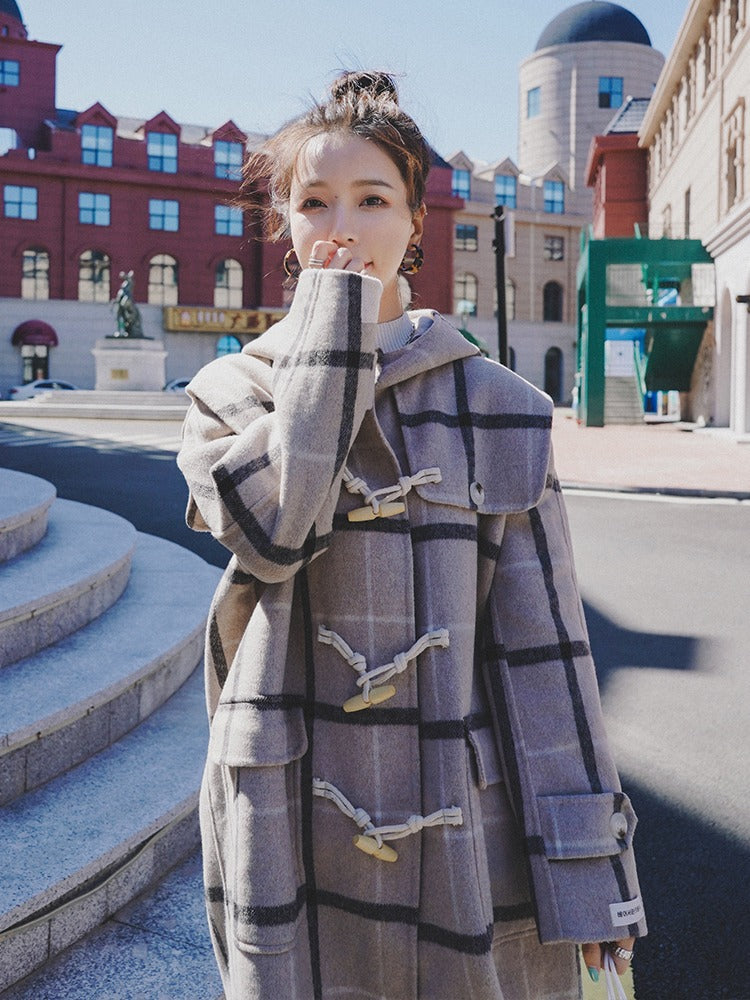 Horn Button Woolen Hooded Navy Collar Women's Coat - Harmony Gallery