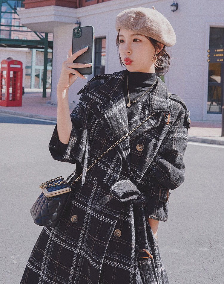 Plaid Loose Hepburn Style Woolen Women's Coat - Harmony Gallery