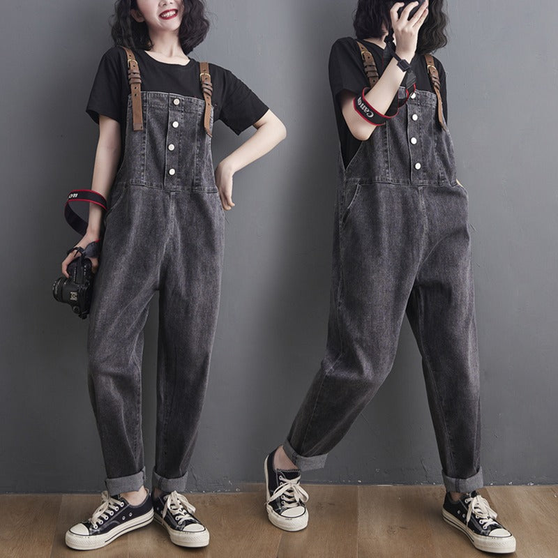 Button Washed Jeans Casual Straight Sling Women's Jumpsuits - Harmony Gallery