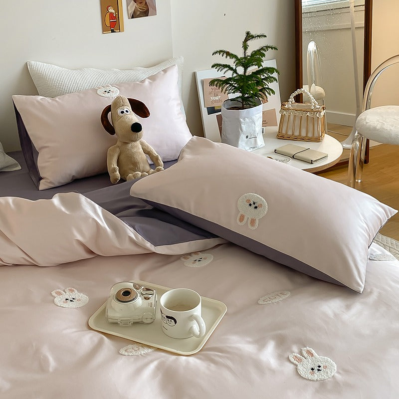 Cute Bunny Cartoon Satin long-Staple Four-Piece Pure Cotton Bed Set - Harmony Gallery
