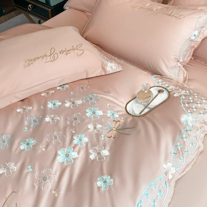 Summer Washed Ice Silk Embroidery Four-Piece Bed Set - Harmony Gallery