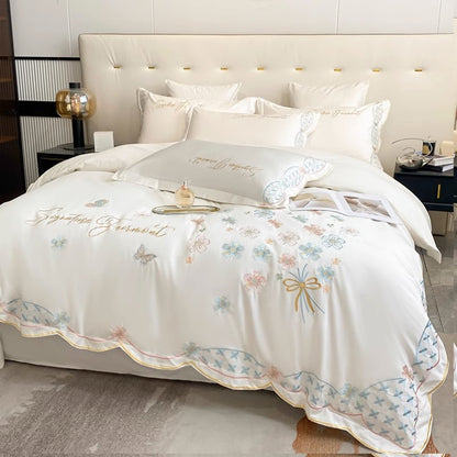 Summer Washed Ice Silk Embroidery Four-Piece Bed Set - Harmony Gallery