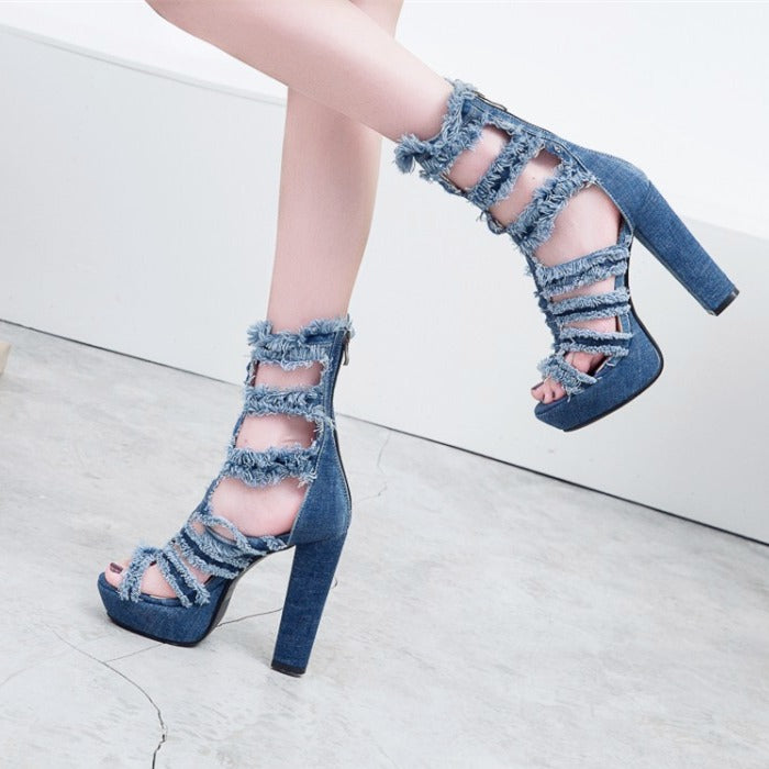 Mid-Tube Denim Fish Mouth High-Top Women's Shoes - Harmony Gallery