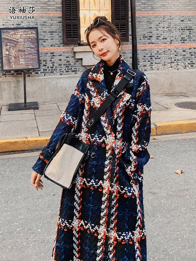 Loose plaid Tweed Woolen Mid-Length Women's Coat - Harmony Gallery
