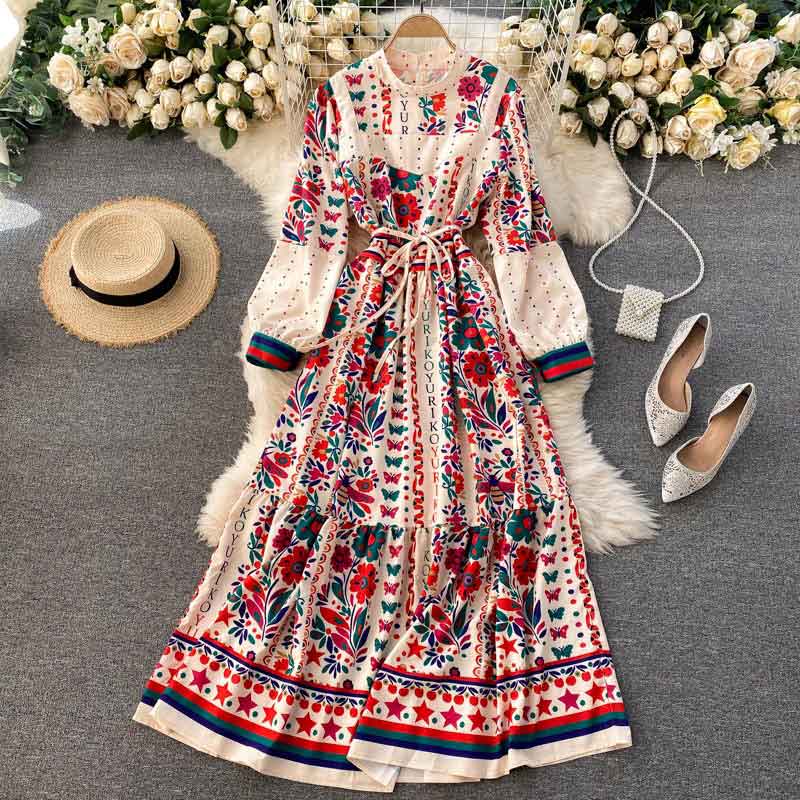 Palace Style Stand Collar Long Retro Printed Women's Dress - Harmony Gallery