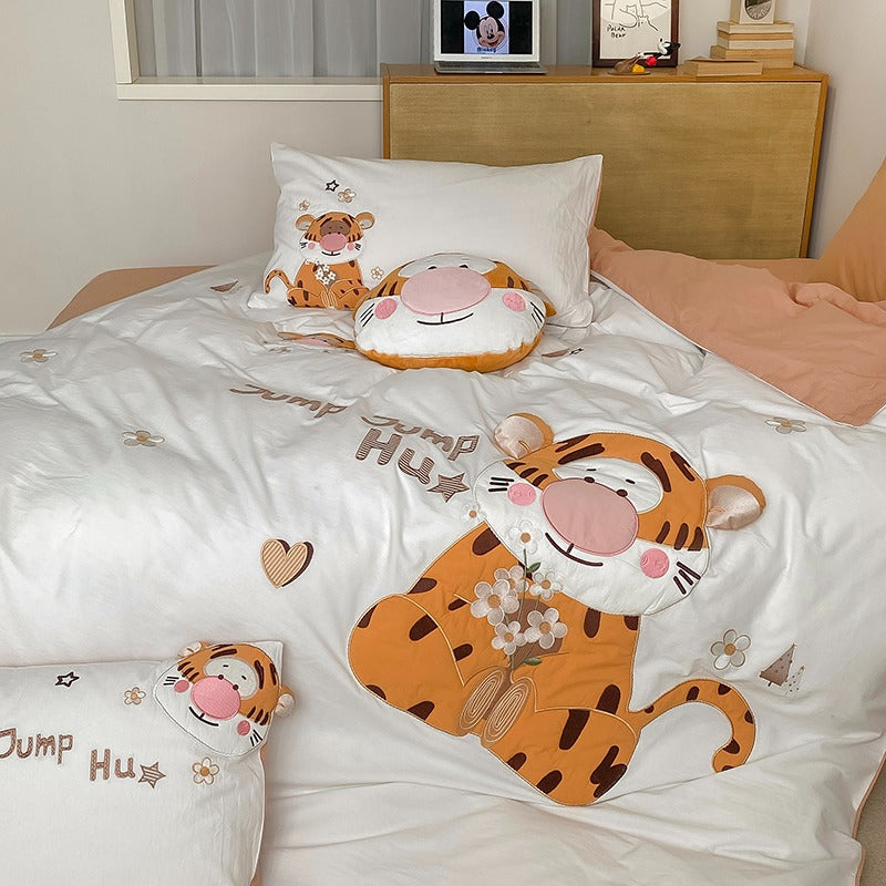 Cute Cartoon Happy Tigger Washed Cotton Four-Piece Bed Set - Harmony Gallery