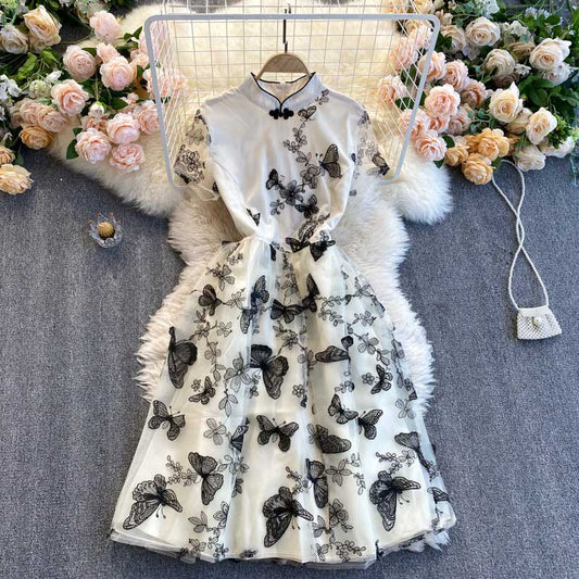 Retro Embroidery Trendy Butterfly Short Sleeved Women's Dress - Harmony Gallery