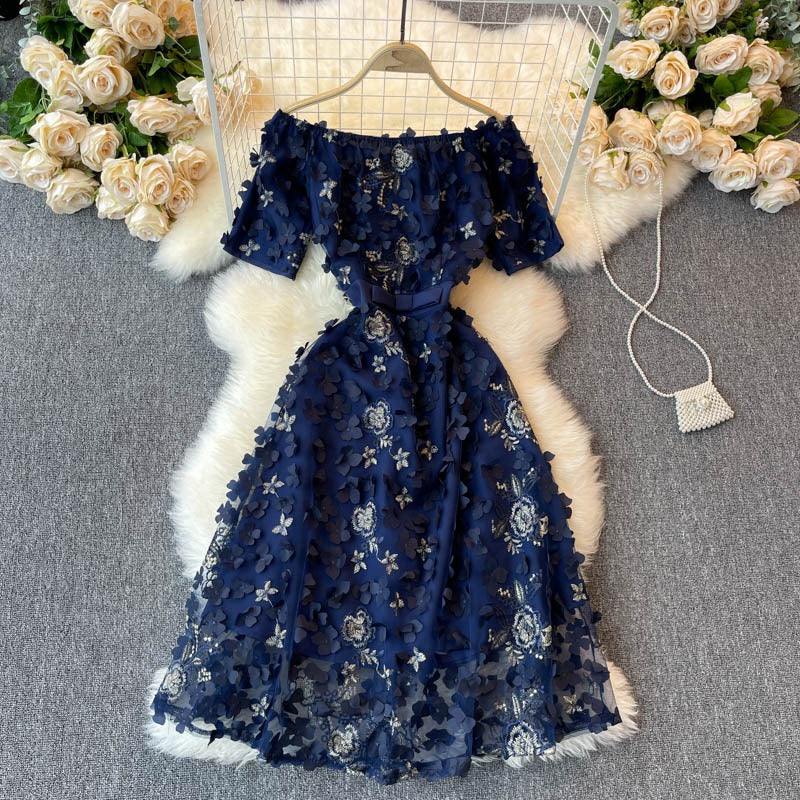 Light Luxury Retro Embroidery Petal High End Women's Dress - Harmony Gallery