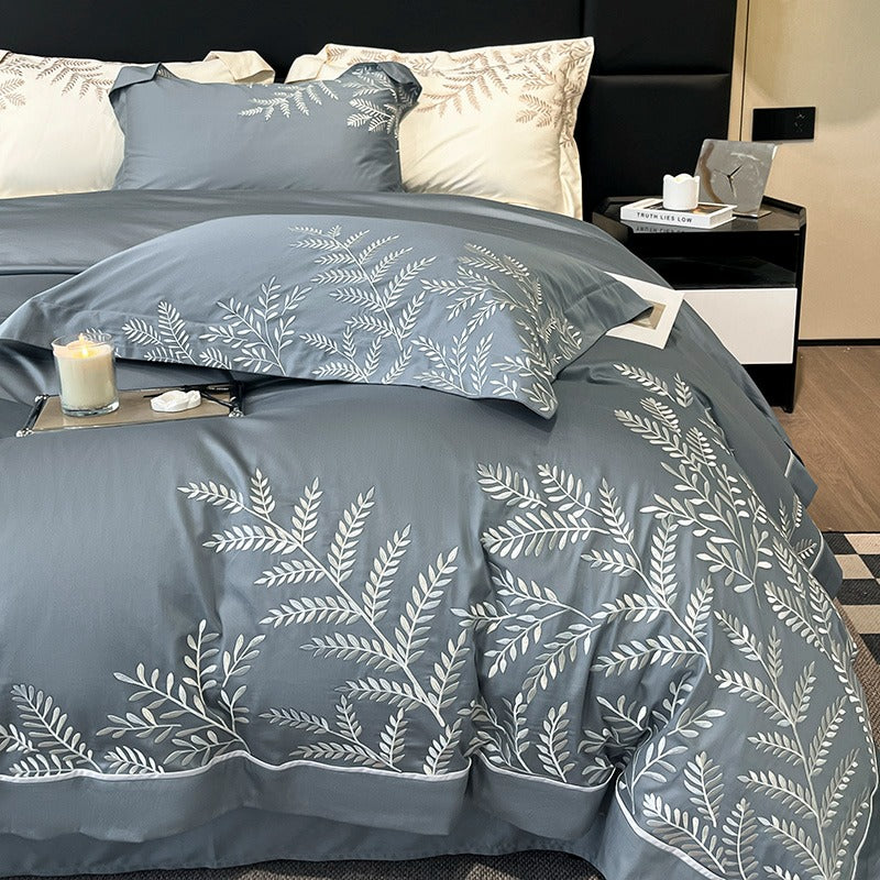 Long-Staple Embroidery Four-Piece Wide-Edged Solid Color Bed Set - Harmony Gallery