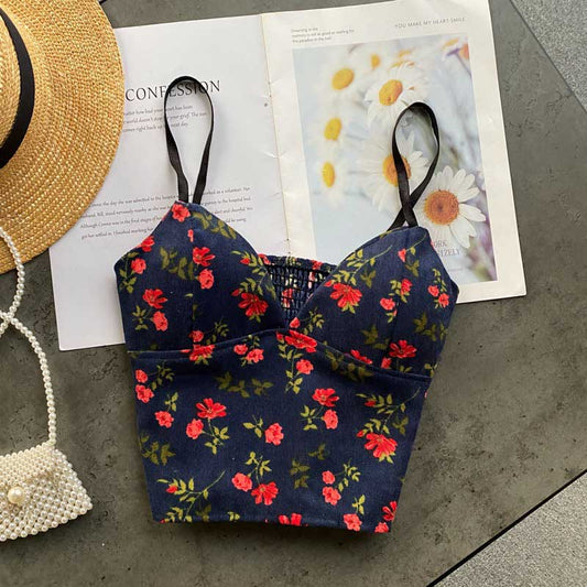 Retro Corduroy Camisole Fashionable All-Match Sexy Floral Top - Harmony Gallery