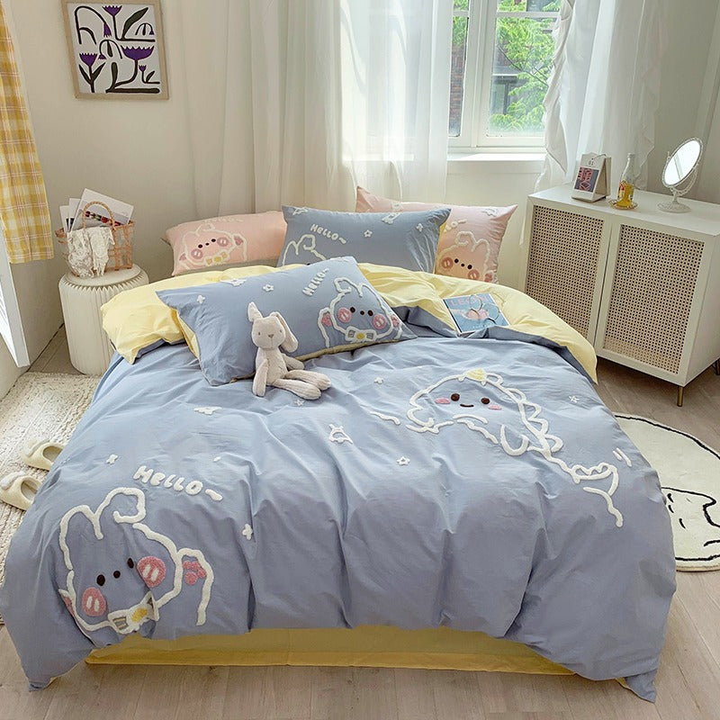 Cute Bunny Cotton Washed Cotton Four-Piece Cartoon Bed Set - Harmony Gallery