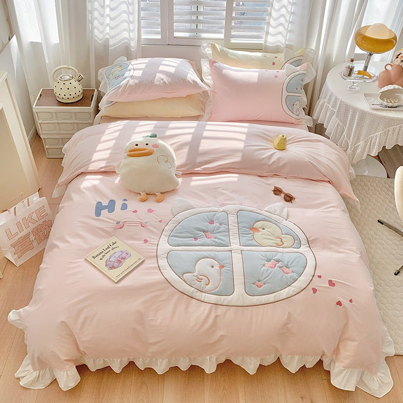Cute Fairy Little Duck Washed Cotton Four-Piece Bed Set - Harmony Gallery