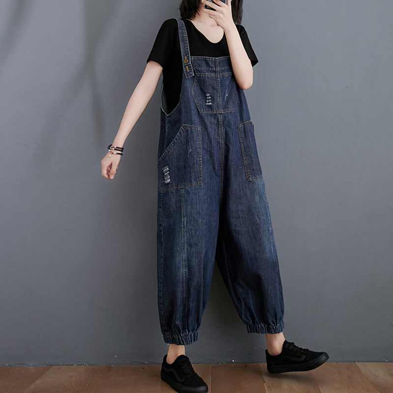 Distressed Washed Denim Harem Women's Jumpsuit - Harmony Gallery