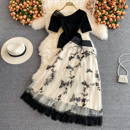 Summer Butterfly Embroidery Mesh Oblique Women's Suit - Harmony Gallery