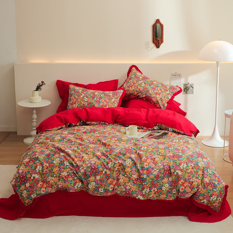 French Retro Floral Washed Cotton Four-Piece Bed Set - Harmony Gallery