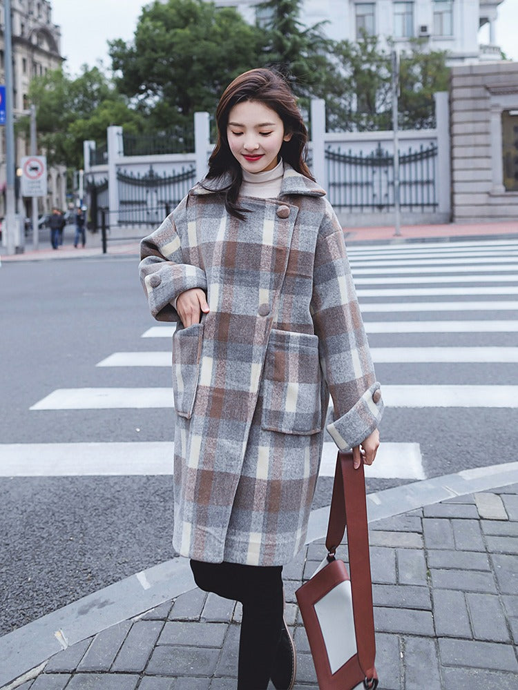 Loose Casual British Plaid Woolen Women's Coat - Harmony Gallery