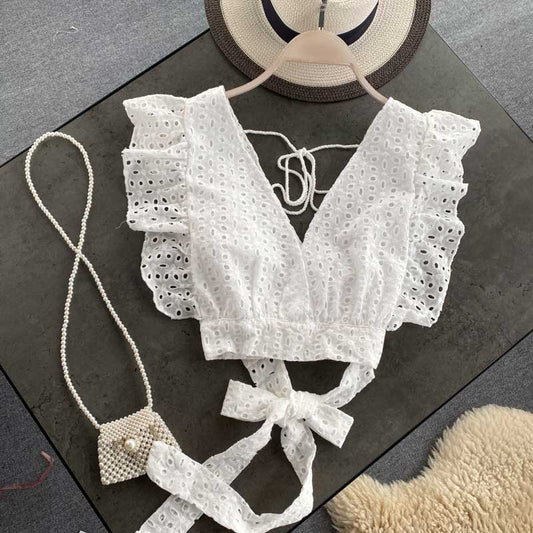 Hollow Lace-Up Halter Navel Western Style Women's Top - Harmony Gallery