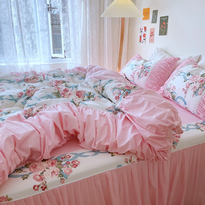 Floral Sweet Princess Pastoral Cotton Four-Piece Bed Set - Harmony Gallery
