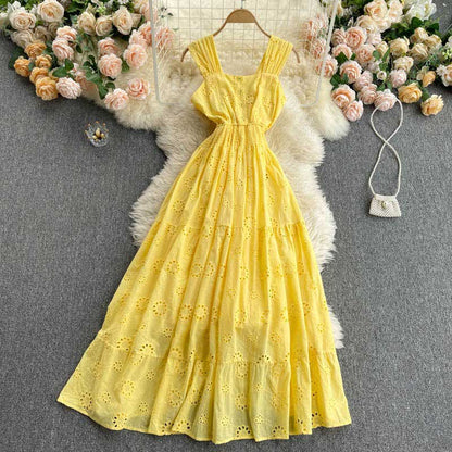 Bohemian Holiday Square Neck Hollow Ruffle Women's Dress - Harmony Gallery