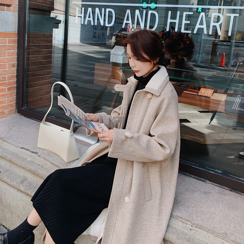 Woolen Mid-Length Loose Herringbone Women's Coat - Harmony Gallery