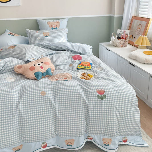 Cute Strawberry Bear Washed Cotton Four-Piece Bed Set - Harmony Gallery