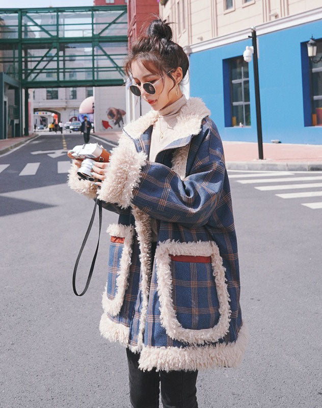 Lamb Wool Loose Plaid Cotton Padded Women's Coat - Harmony Gallery