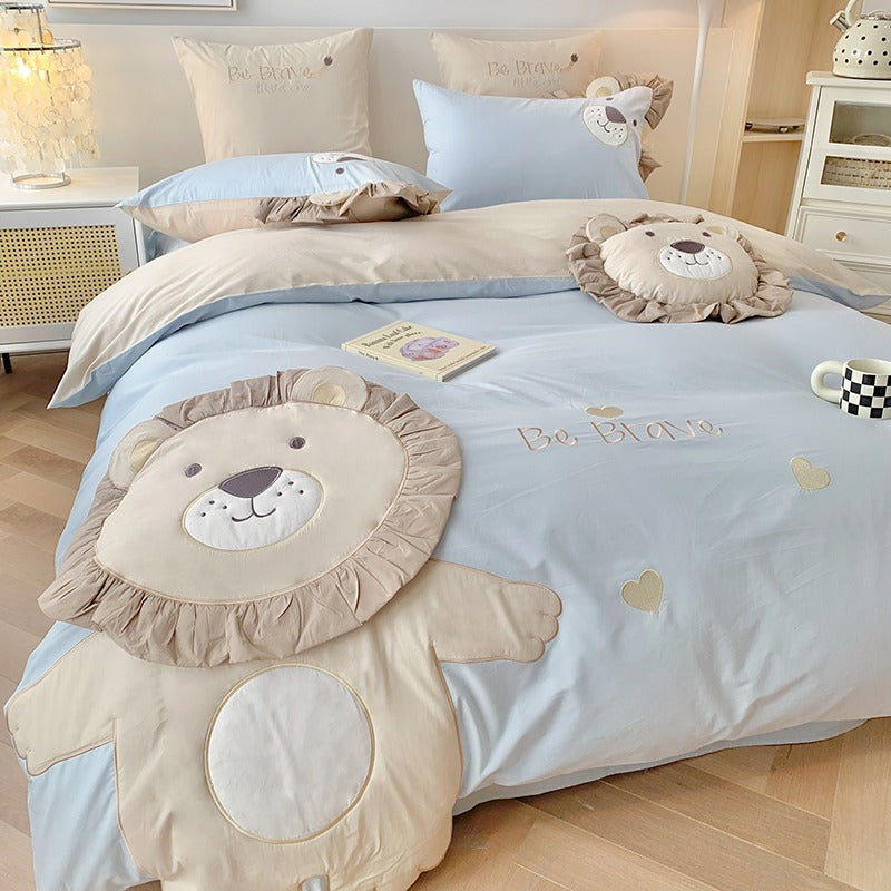Little Lion Cartoon Washed Cotton Five-Piece Bed Set - Harmony Gallery