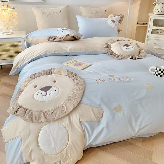 Little Lion Cartoon Washed Cotton Five-Piece Bed Set - Harmony Gallery