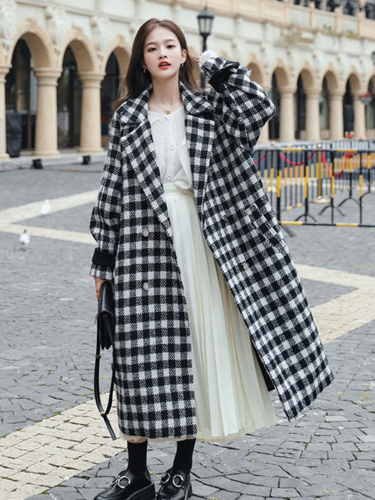 Loose Plaid Winter Mid-Length Goddess Woolen Women's Coat - Harmony Gallery