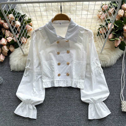 British Style Double-Breasted Flared Western Women's Top - Harmony Gallery
