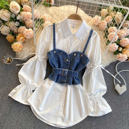 Retro Bubble Sleeve Loose Denim Camisole Women's Suit - Harmony Gallery