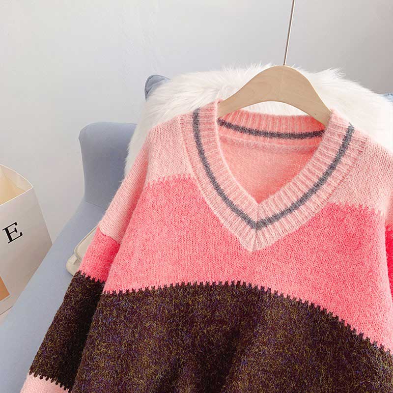 Mohair Contrast Color Loose Outer Wear Gentle Women's Sweater - Harmony Gallery