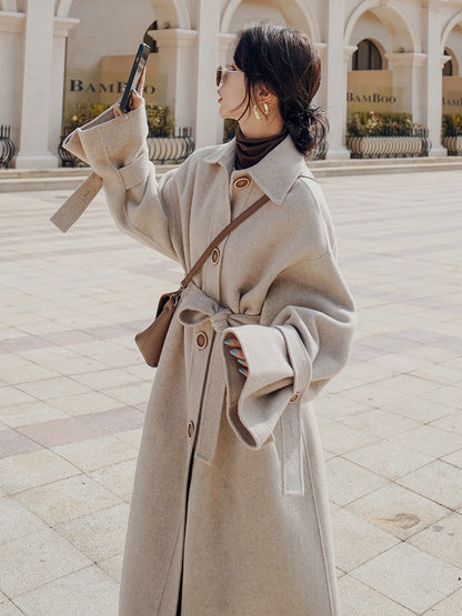 Mid-Length Loose Hepburn Style Woolen Women's Coat - Harmony Gallery