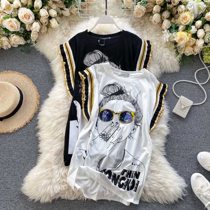 Ghost Horse Girl Character Print Sequined Glasses Summer Top - Harmony Gallery