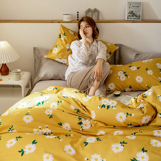 Pure Light Brushed Floral Cotton Four-Piece Bed Set - Harmony Gallery