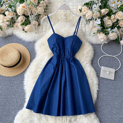 Summer Hollow Halter Strap Denim Women's Dress - Harmony Gallery