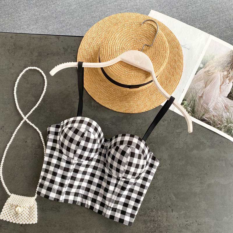 Fashion Plaid French All-Match Off-Shoulder Sling Bra Top - Harmony Gallery