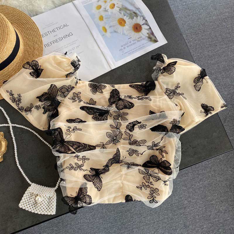 Retro Summer Butterfly Embroidery Women's Top - Harmony Gallery