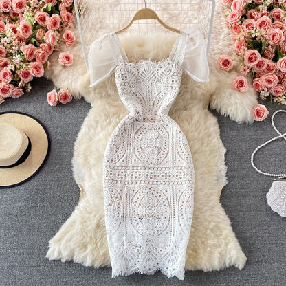 Square Neck Puff Sleeves Slim High-End Lace Women's Dress - Harmony Gallery