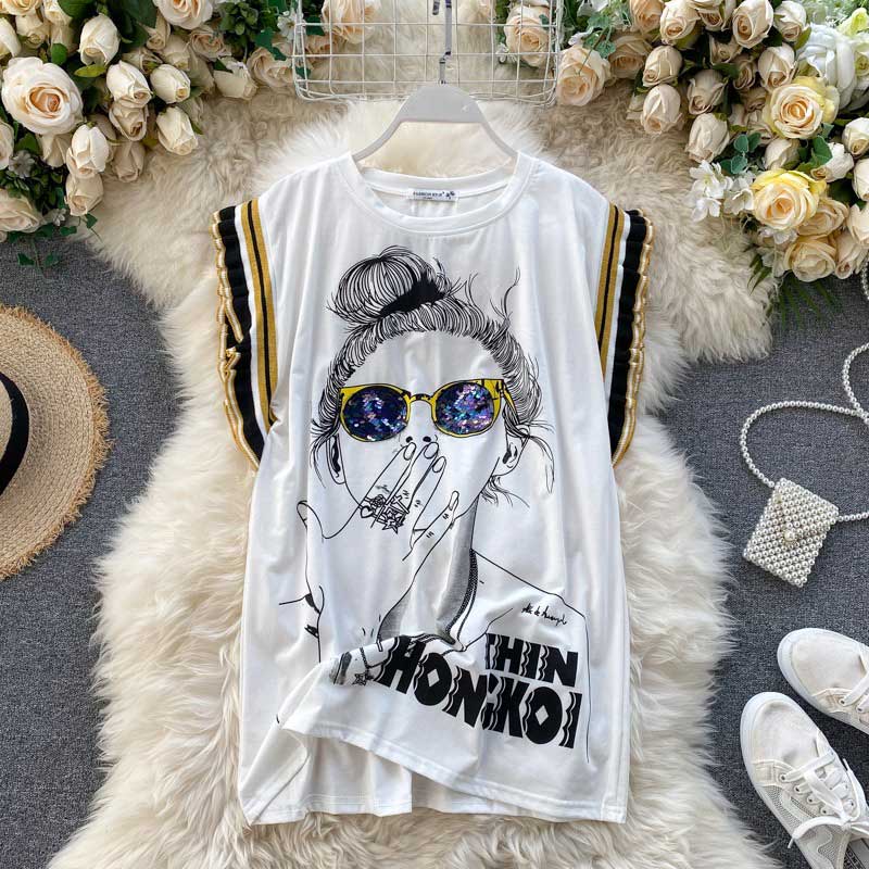 Ghost Horse Girl Character Print Sequined Glasses Summer Top - Harmony Gallery