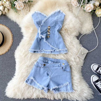 Scheming Pleated Fringed Two Piece Denim Women's Suit - Harmony Gallery