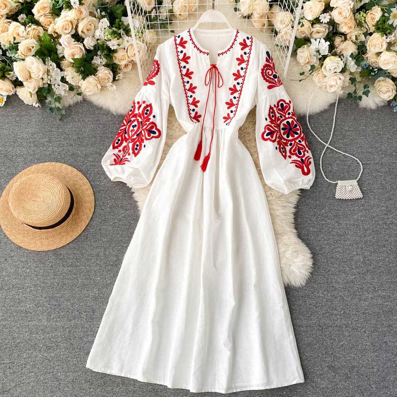 Bohemian Ethnic Style Embroidery Lantern Sleeve Women's Dress - Harmony Gallery