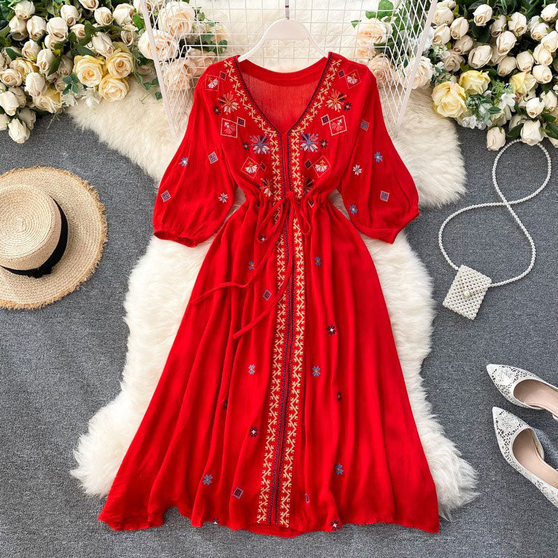 Bohemian Retro Folk Style Embroidery Women's Dress - Harmony Gallery