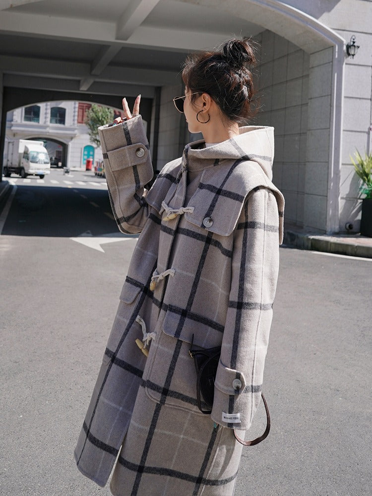 Horn Button Woolen Hooded Navy Collar Women's Coat - Harmony Gallery