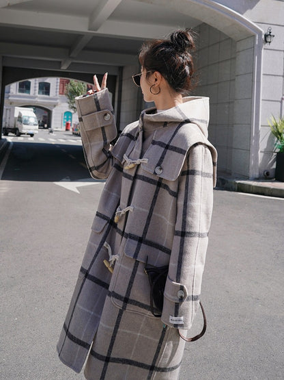 Horn Button Woolen Hooded Navy Collar Women's Coat - Harmony Gallery