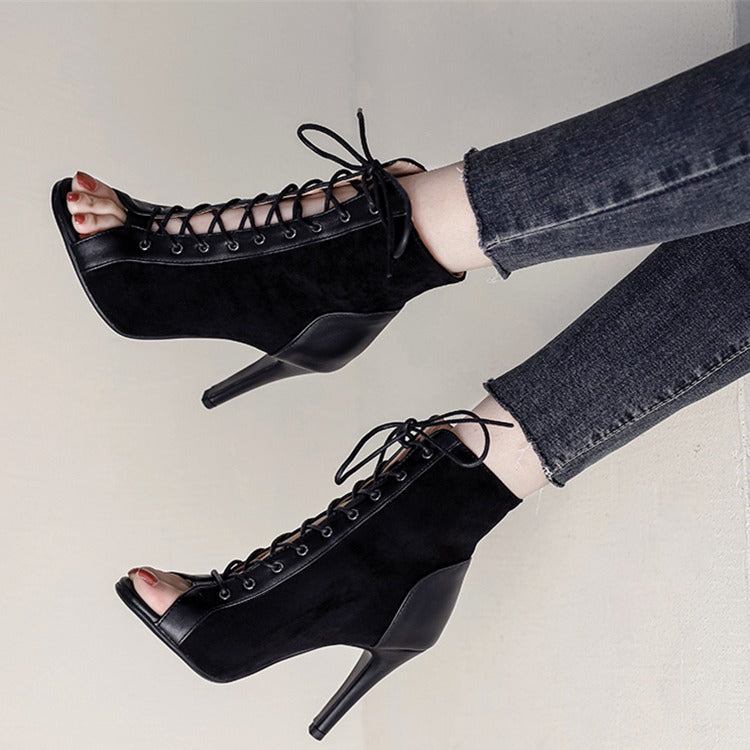 Open Toe Lace-Up Hollow High Heel Women's Dance Shoes - Harmony Gallery